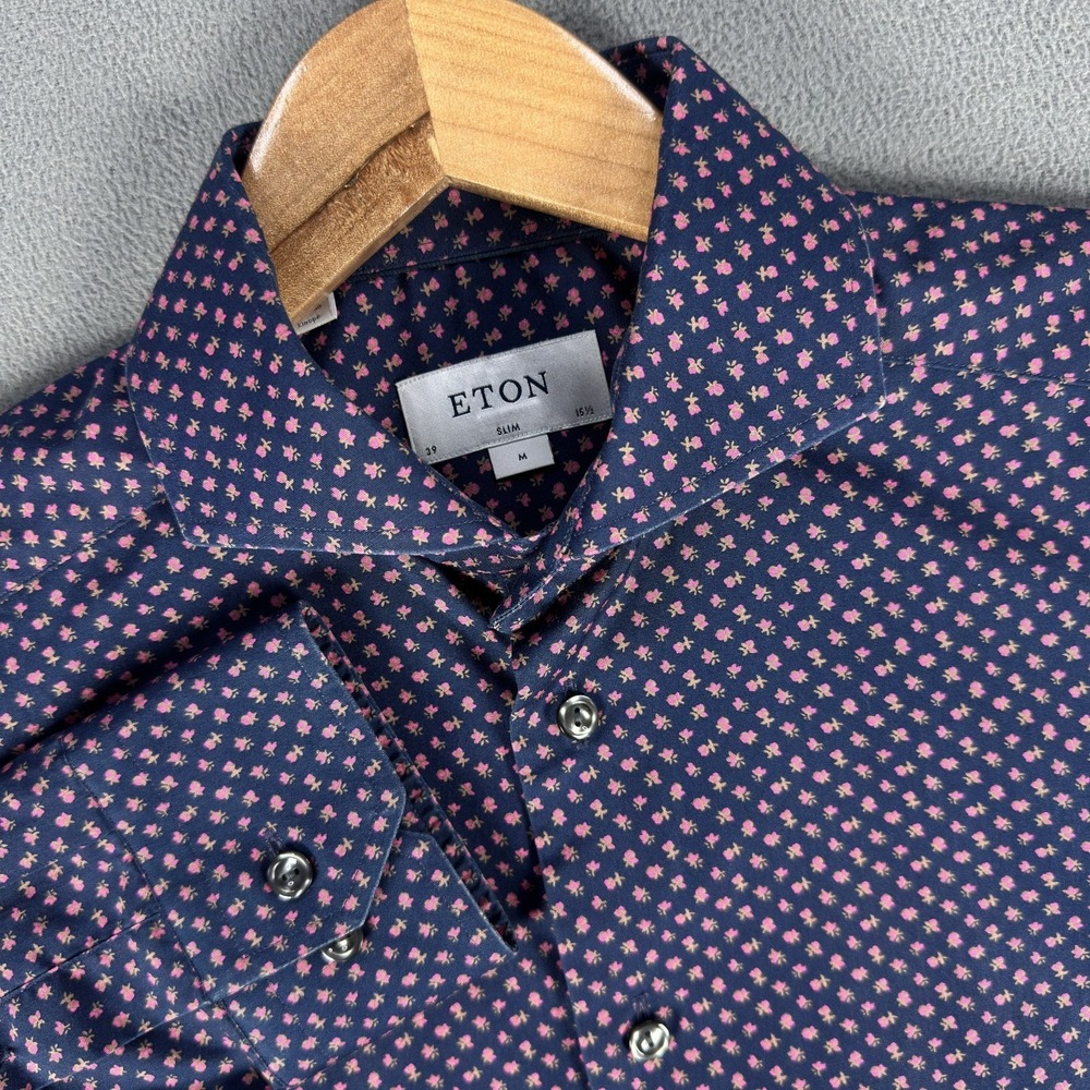 Eton Shirt Mens 15.5 Navy Blue Geometric Floral Cutaway Collar Quiet Luxury